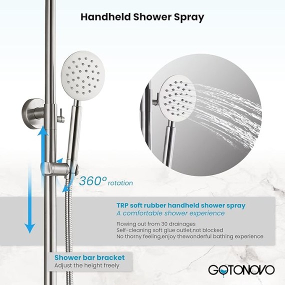 Stainless Steel SUS304 Silver Shower faucet Set Wall Mount Triple Function Shower System 8 inches Shower Head Bathroom Adjustable Hand Spray Rainfall Brushed Nickel Shower Faucet Complete Set