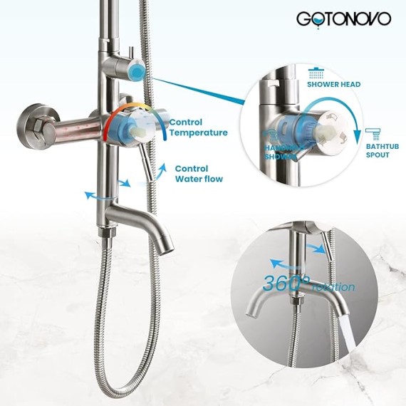 Stainless Steel SUS304 Silver Shower faucet Set Wall Mount Triple Function Shower System 8 inches Shower Head Bathroom Adjustable Hand Spray Rainfall Brushed Nickel Shower Faucet Complete Set