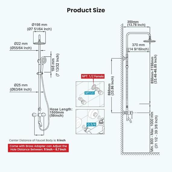 Stainless Steel SUS304 Silver Shower faucet Set Wall Mount Triple Function Shower System 8 inches Shower Head Bathroom Adjustable Hand Spray Rainfall Brushed Nickel Shower Faucet Complete Set