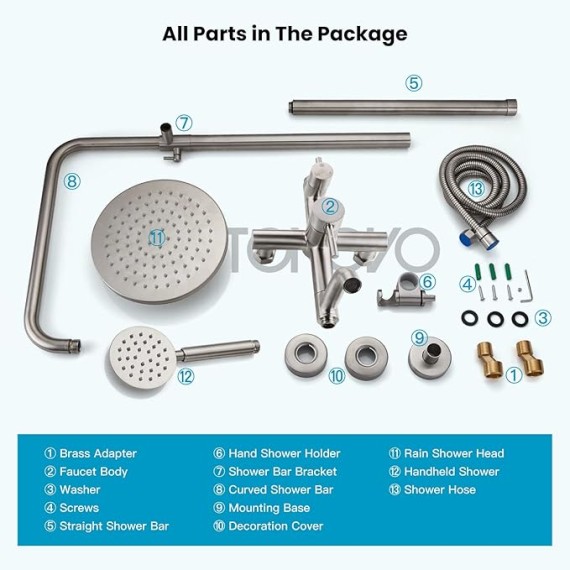 Stainless Steel SUS304 Silver Shower faucet Set Wall Mount Triple Function Shower System 8 inches Shower Head Bathroom Adjustable Hand Spray Rainfall Brushed Nickel Shower Faucet Complete Set