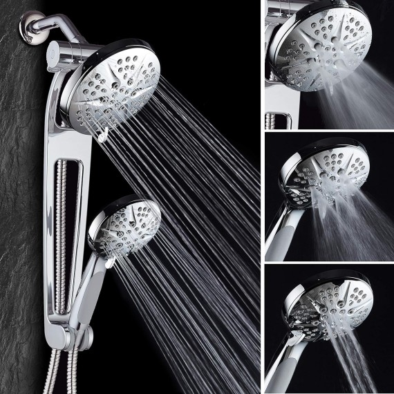 AQUABAR High-Pressure 48-mode 3-way Shower Spa Combo with Adjustable Extension Arm for Total Convenience! Enjoy Luxury 6" Rainfall & Handheld Shower Head Separately or Together! All-Chrome Finish
