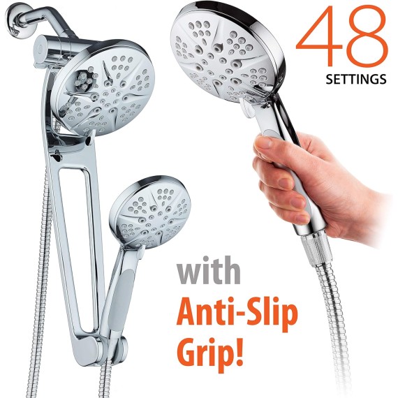 AQUABAR High-Pressure 48-mode 3-way Shower Spa Combo with Adjustable Extension Arm for Total Convenience! Enjoy Luxury 6" Rainfall & Handheld Shower Head Separately or Together! All-Chrome Finish