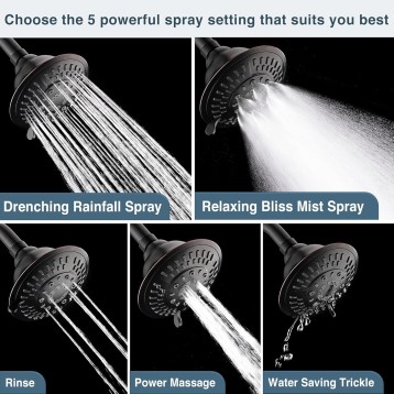 Shower Head High Pressure Rain Showerhead 5 Spray Setting Fixed Shower head Angle Adjustable Bathroom Showerhead, Oil Rubbed Bronze