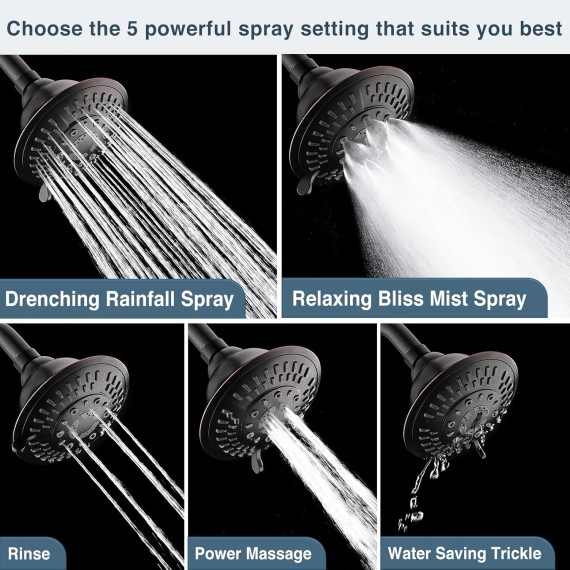 Shower Head High Pressure Rain Showerhead 5 Spray Setting Fixed Shower head Angle Adjustable Bathroom Showerhead, Oil Rubbed Bronze
