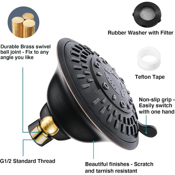 Shower Head High Pressure Rain Showerhead 5 Spray Setting Fixed Shower head Angle Adjustable Bathroom Showerhead, Oil Rubbed Bronze