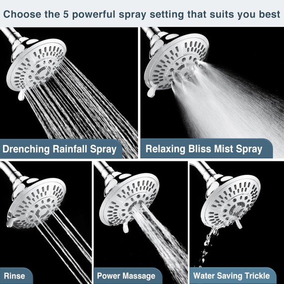 Shower Head High Pressure Rain Showerhead 5 Spray Setting Fixed Shower Head Angle Adjustable Bathroom Showerhead, Chrome