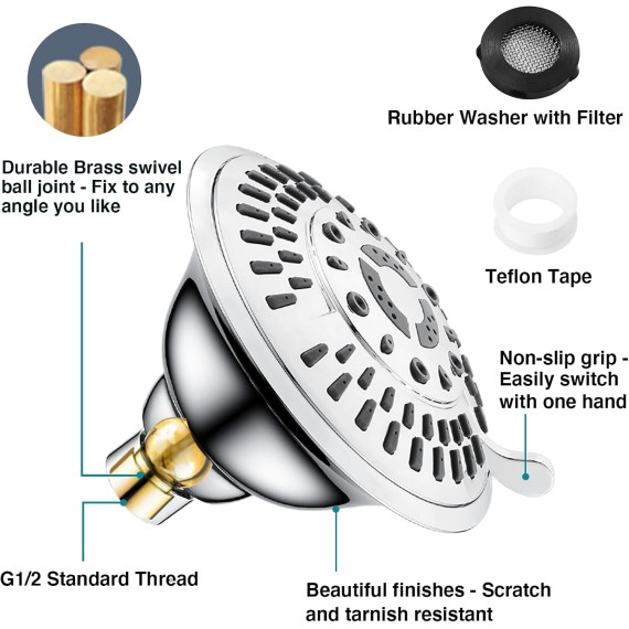 Shower Head High Pressure Rain Showerhead 5 Spray Setting Fixed Shower Head Angle Adjustable Bathroom Showerhead, Chrome
