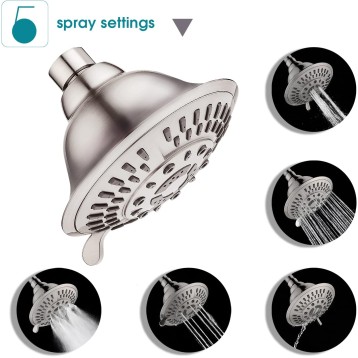 Shower Head High Pressure Rain Showerhead 5 Spray Setting Fixed Shower Head Angle Adjustable Bathroom Showerhead, Brushed Nickel