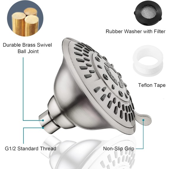 Shower Head High Pressure Rain Showerhead 5 Spray Setting Fixed Shower Head Angle Adjustable Bathroom Showerhead, Brushed Nickel
