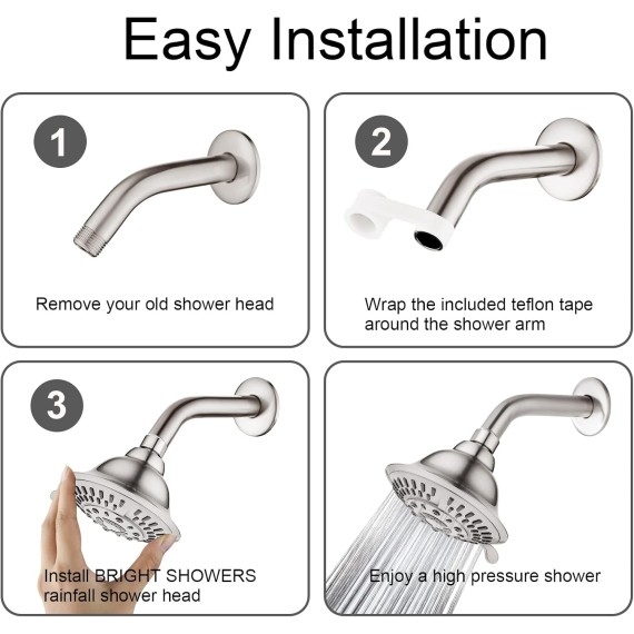 Shower Head High Pressure Rain Showerhead 5 Spray Setting Fixed Shower Head Angle Adjustable Bathroom Showerhead, Brushed Nickel