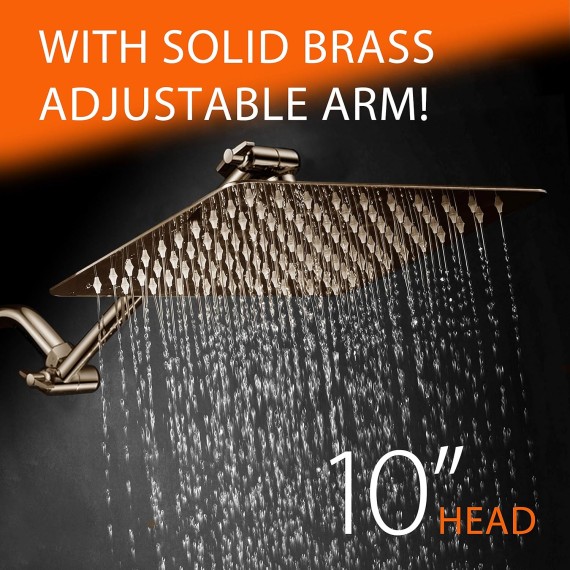 HotelSpa Giant 10" Stainless Steel Rainfall Square Showerhead with 11 inch Solid Brass Adjustable Extension Arm – Brushed Nickel Finish