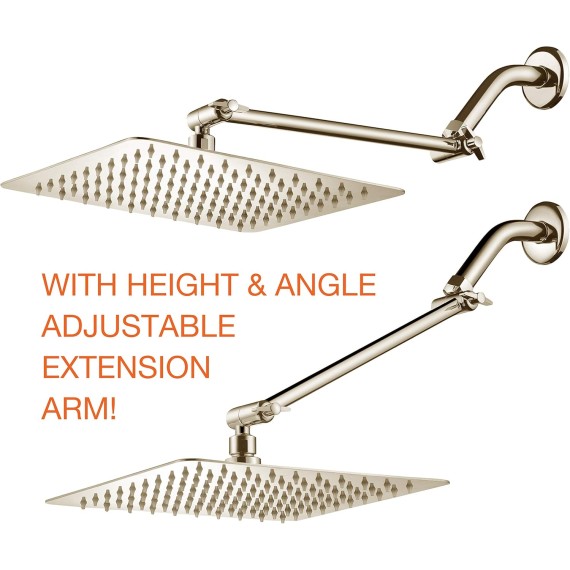 HotelSpa Giant 10" Stainless Steel Rainfall Square Showerhead with 11 inch Solid Brass Adjustable Extension Arm – Brushed Nickel Finish