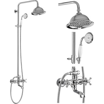 Bathroom Exposed Shower Faucet Outdoor Shower System 8 Inch Rainfall Shower Head Set with Tub Spout and Handheld Spray Double Cross Handles Wall Mount without Shower Shelf Polished Chrome