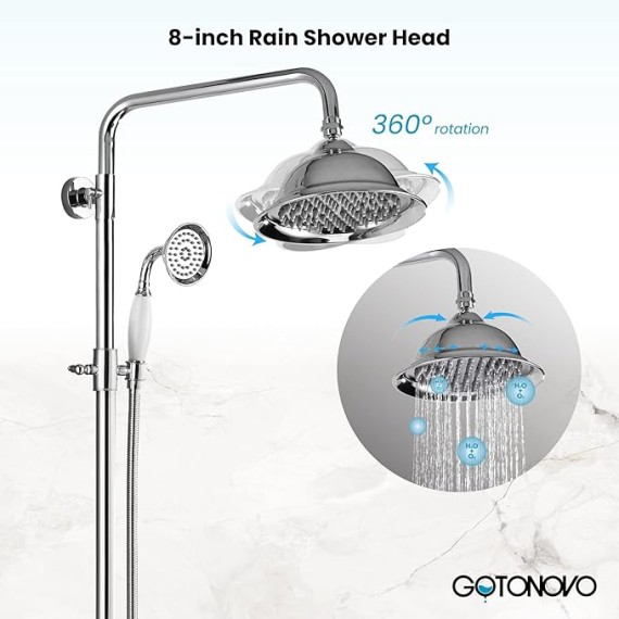 Bathroom Exposed Shower Faucet Outdoor Shower System 8 Inch Rainfall Shower Head Set with Tub Spout and Handheld Spray Double Cross Handles Wall Mount without Shower Shelf Polished Chrome