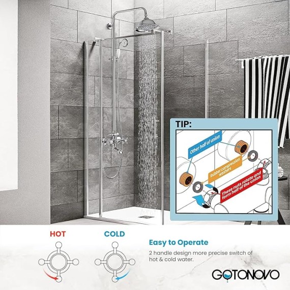 Bathroom Exposed Shower Faucet Outdoor Shower System 8 Inch Rainfall Shower Head Set with Tub Spout and Handheld Spray Double Cross Handles Wall Mount without Shower Shelf Polished Chrome