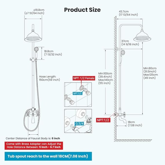 Bathroom Exposed Shower Faucet Outdoor Shower System 8 Inch Rainfall Shower Head Set with Tub Spout and Handheld Spray Double Cross Handles Wall Mount without Shower Shelf Polished Chrome
