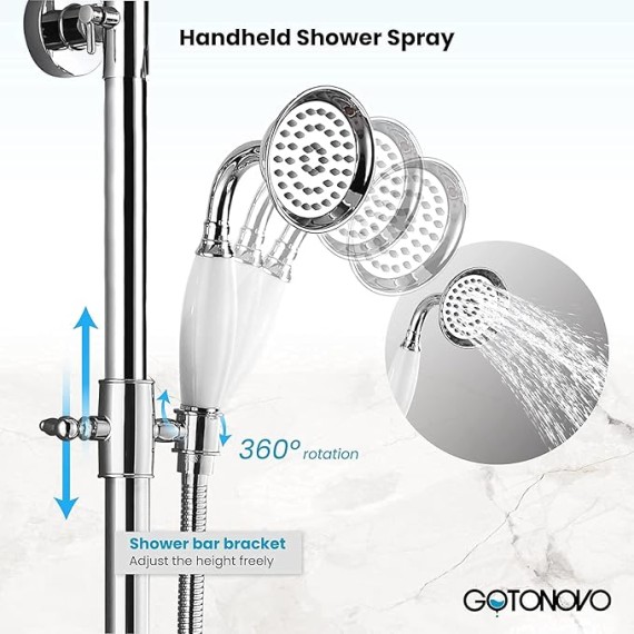 Bathroom Exposed Shower Faucet Outdoor Shower System 8 Inch Rainfall Shower Head Set with Tub Spout and Handheld Spray Double Cross Handles Wall Mount without Shower Shelf Polished Chrome