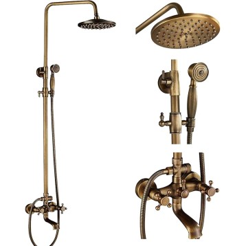 Antique Brass 8-Inch Bathroom Shower Faucet System Rainfall Shower Head Wall-Mounted Dual Cross Handle Bathtub Shower Mixer Tap with Hand Sprayer