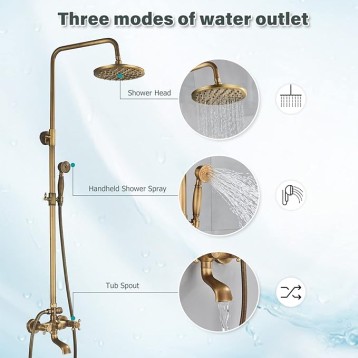 Antique Brass 8-Inch Bathroom Shower Faucet System Rainfall Shower Head Wall-Mounted Dual Cross Handle Bathtub Shower Mixer Tap with Hand Sprayer