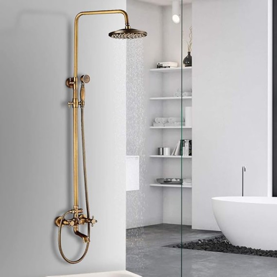 Antique Brass 8-Inch Bathroom Shower Faucet System Rainfall Shower Head Wall-Mounted Dual Cross Handle Bathtub Shower Mixer Tap with Hand Sprayer