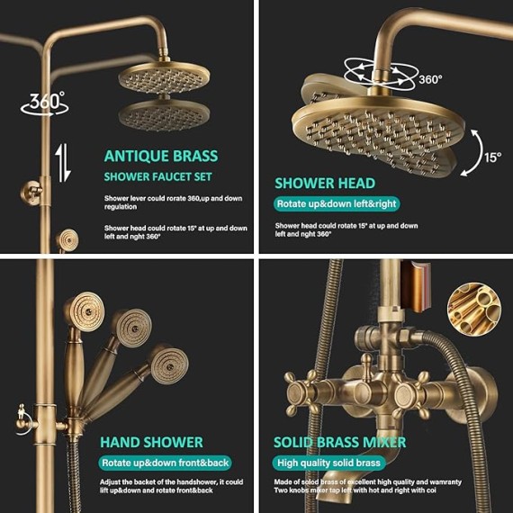 Antique Brass 8-Inch Bathroom Shower Faucet System Rainfall Shower Head Wall-Mounted Dual Cross Handle Bathtub Shower Mixer Tap with Hand Sprayer