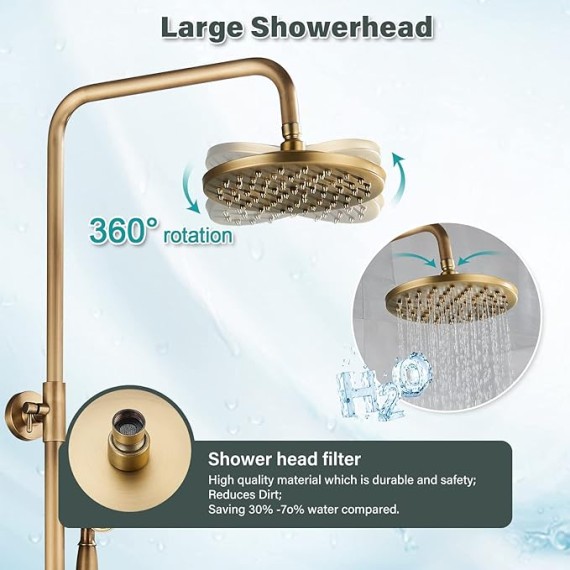 Antique Brass 8-Inch Bathroom Shower Faucet System Rainfall Shower Head Wall-Mounted Dual Cross Handle Bathtub Shower Mixer Tap with Hand Sprayer