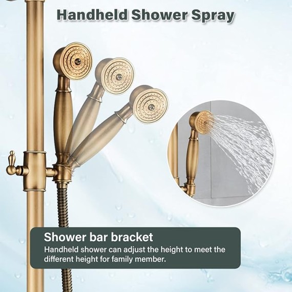 Antique Brass 8-Inch Bathroom Shower Faucet System Rainfall Shower Head Wall-Mounted Dual Cross Handle Bathtub Shower Mixer Tap with Hand Sprayer