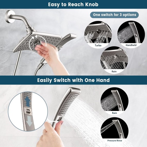 Brushed Nickel Shower Combo - Fixed and Handheld Heads With Grey Faceplates