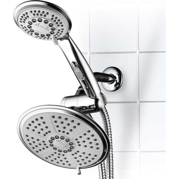 HotelSpa High-Pressure Ultra Luxury Rainfall Combo – Giant 7-inch 5-mode Head, 6-mode Hand Shower with ON/OFF Pause Switch, Water Diverter, Stainless Steel Hose – Top American Brand – Chrome Finish