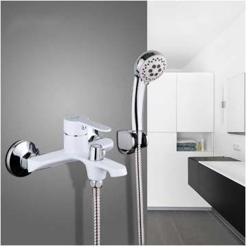 Contemporary Brass Wall Mounted Bathtub Faucet Smooth Single Handle Bathroom Bath Shower Mixer Taps with Handheld Shower,White
