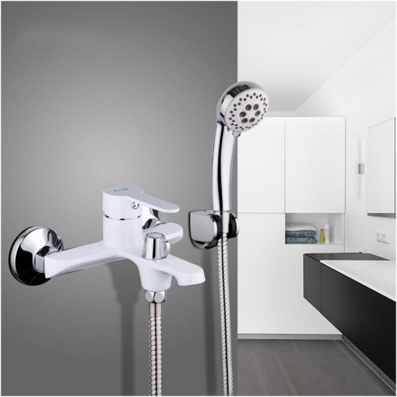 Contemporary Brass Wall Mounted Bathtub Faucet Smooth Single Handle Bathroom Bath Shower Mixer Taps with Handheld Shower,White