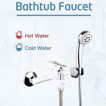 Contemporary Brass Wall Mounted Bathtub Faucet Smooth Single Handle Bathroom Bath Shower Mixer Taps with Handheld Shower,White