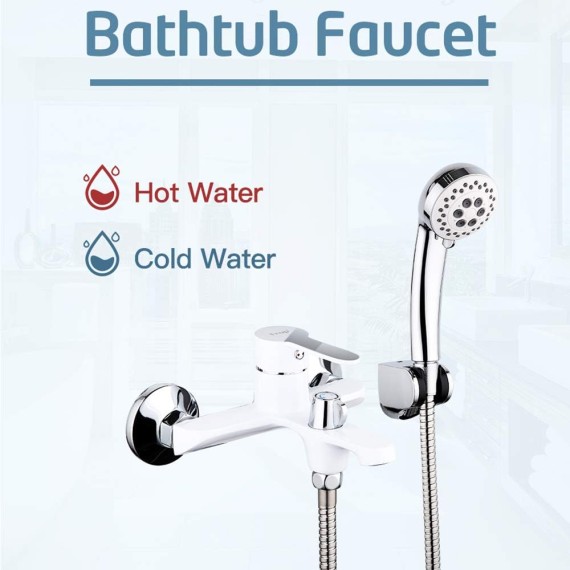 Contemporary Brass Wall Mounted Bathtub Faucet Smooth Single Handle Bathroom Bath Shower Mixer Taps with Handheld Shower,White
