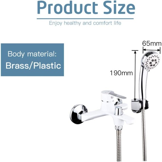 Contemporary Brass Wall Mounted Bathtub Faucet Smooth Single Handle Bathroom Bath Shower Mixer Taps with Handheld Shower,White