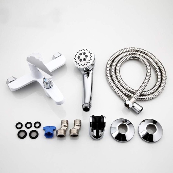 Contemporary Brass Wall Mounted Bathtub Faucet Smooth Single Handle Bathroom Bath Shower Mixer Taps with Handheld Shower,White