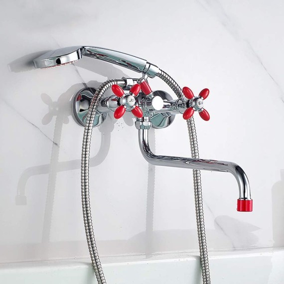 314mm Outlet Pipe Rotatable Bathtub Faucet Petal Double Handle Wall Mounted Chrome Bathroom Bath Shower Mixer Taps with Handheld Shower,Green