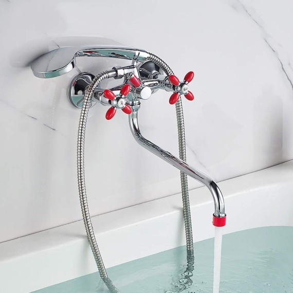 314mm Outlet Pipe Rotatable Bathtub Faucet Petal Double Handle Wall Mounted Chrome Bathroom Bath Shower Mixer Taps with Handheld Shower,Green