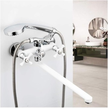 White Bathtub Faucet Wheel Knob Double Handle Wall Mounted Bathroom Bath Shower Mixer Taps with ABS Handheld Shower