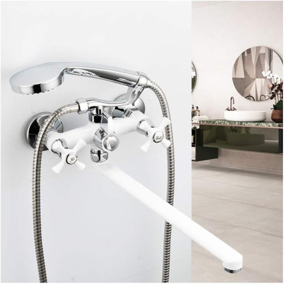 White Bathtub Faucet Wheel Knob Double Handle Wall Mounted Bathroom Bath Shower Mixer Taps with ABS Handheld Shower