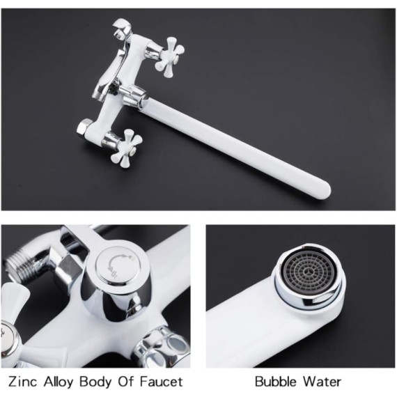 White Bathtub Faucet Wheel Knob Double Handle Wall Mounted Bathroom Bath Shower Mixer Taps with ABS Handheld Shower