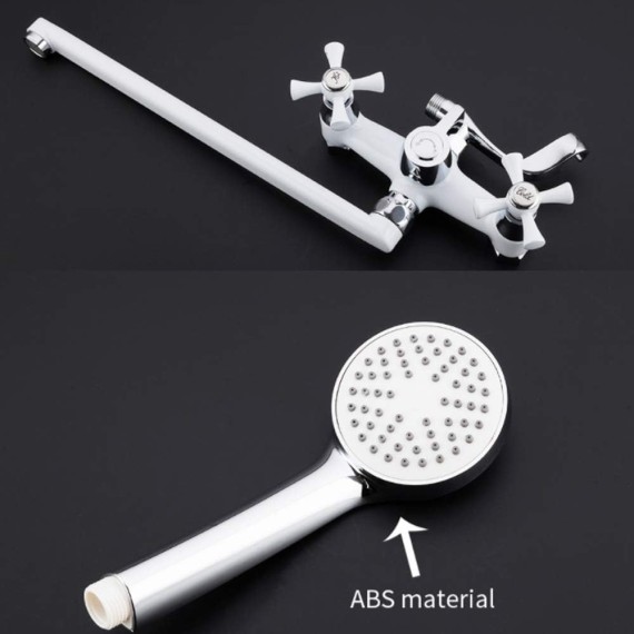 White Bathtub Faucet Wheel Knob Double Handle Wall Mounted Bathroom Bath Shower Mixer Taps with ABS Handheld Shower