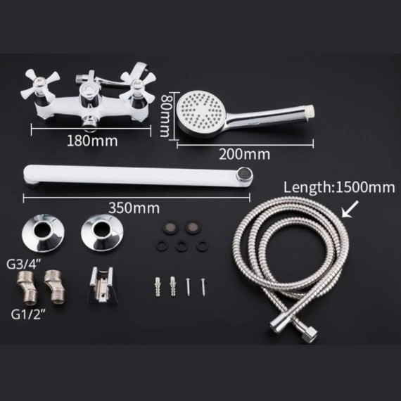 White Bathtub Faucet Wheel Knob Double Handle Wall Mounted Bathroom Bath Shower Mixer Taps with ABS Handheld Shower