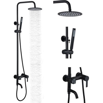 Shower System Set with Hand Sprayer and Tub Spout Stainless Steel Matte Black Cylinder Handle 8 Inch Rainfall Shower Head Bathroom Shower Faucet Fixture Wall Mount Triple Function
