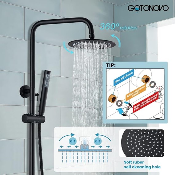 Shower System Set with Hand Sprayer and Tub Spout Stainless Steel Matte Black Cylinder Handle 8 Inch Rainfall Shower Head Bathroom Shower Faucet Fixture Wall Mount Triple Function