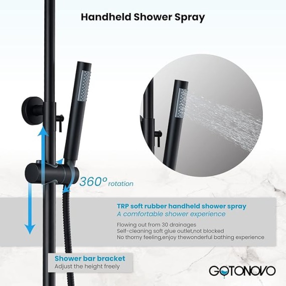 Shower System Set with Hand Sprayer and Tub Spout Stainless Steel Matte Black Cylinder Handle 8 Inch Rainfall Shower Head Bathroom Shower Faucet Fixture Wall Mount Triple Function