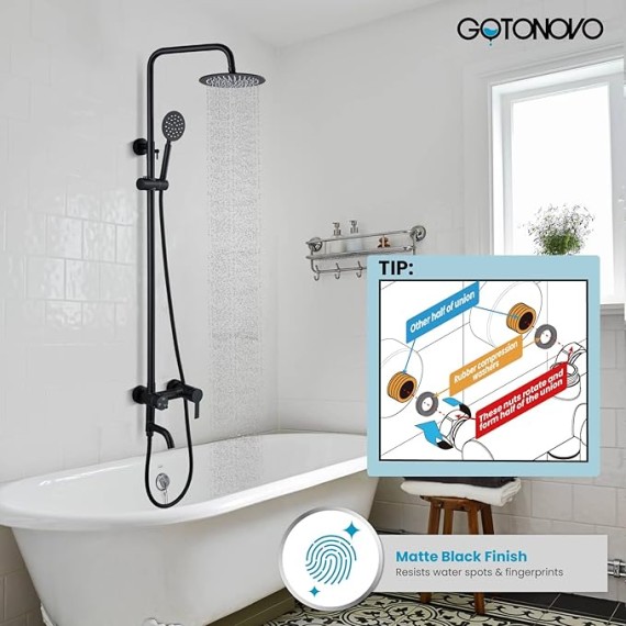 Outside Shower Fixture Wall Mount Matte Black SUS 304 Stainless Steel Triple Function with Hand Sprayer and Tub Spout 8 Inch Rainfall Shower Head Shower faucet Set Bathroom Complete Set