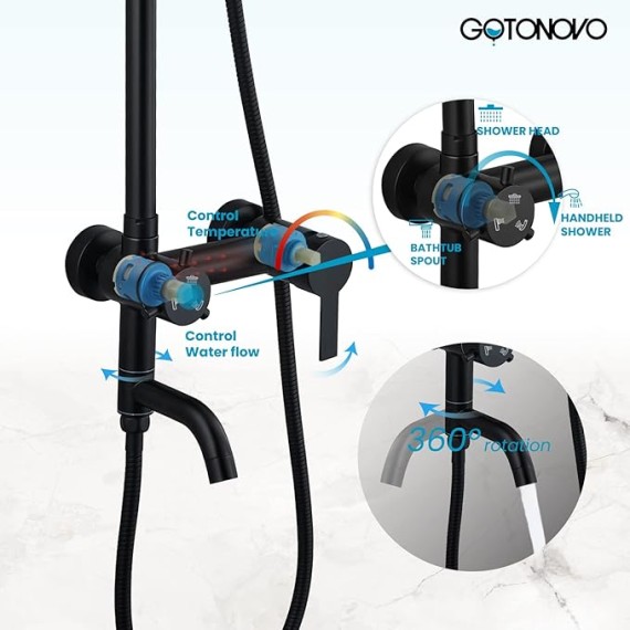 Outside Shower Fixture Wall Mount Matte Black SUS 304 Stainless Steel Triple Function with Hand Sprayer and Tub Spout 8 Inch Rainfall Shower Head Shower faucet Set Bathroom Complete Set