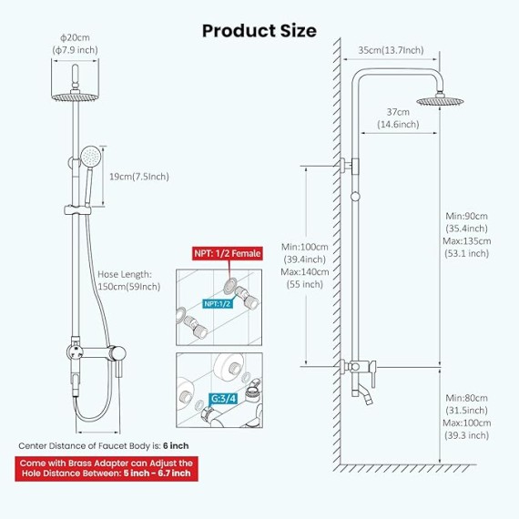 Outside Shower Fixture Wall Mount Matte Black SUS 304 Stainless Steel Triple Function with Hand Sprayer and Tub Spout 8 Inch Rainfall Shower Head Shower faucet Set Bathroom Complete Set