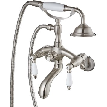 Brushed Nickel Clawfoot Tub Faucet Wall Mount with Hand Held Shower Sprayer Bathtub Faucet Set Double Level Handle 6 Inch Center with Adapter Adjustable Swing Arms