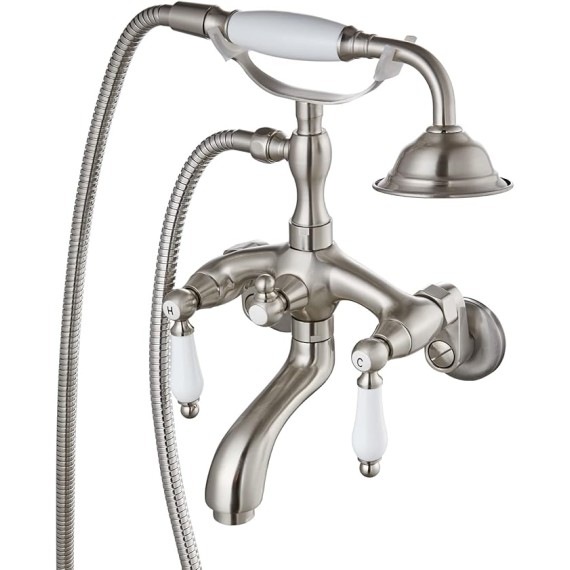 Brushed Nickel Clawfoot Tub Faucet Wall Mount with Hand Held Shower Sprayer Bathtub Faucet Set Double Level Handle 6 Inch Center with Adapter Adjustable Swing Arms